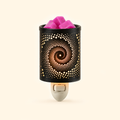 Spiral Galaxy Pluggable Wax Warmer with black metal shade and pink wax melts, front view.