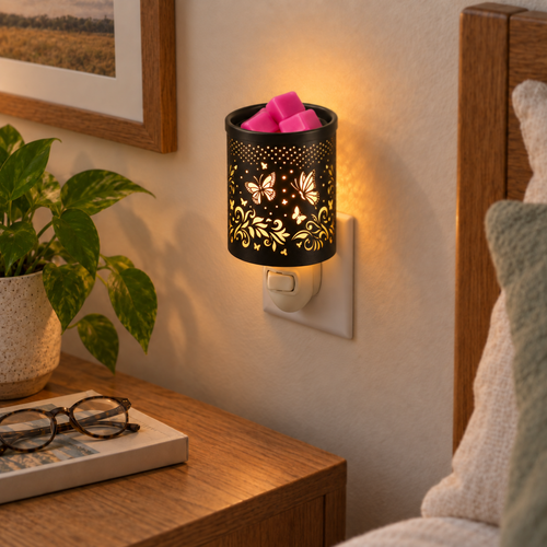Butterfly Vine plug-in wax warmer mounted beside a bedside table in a cozy bedroom.