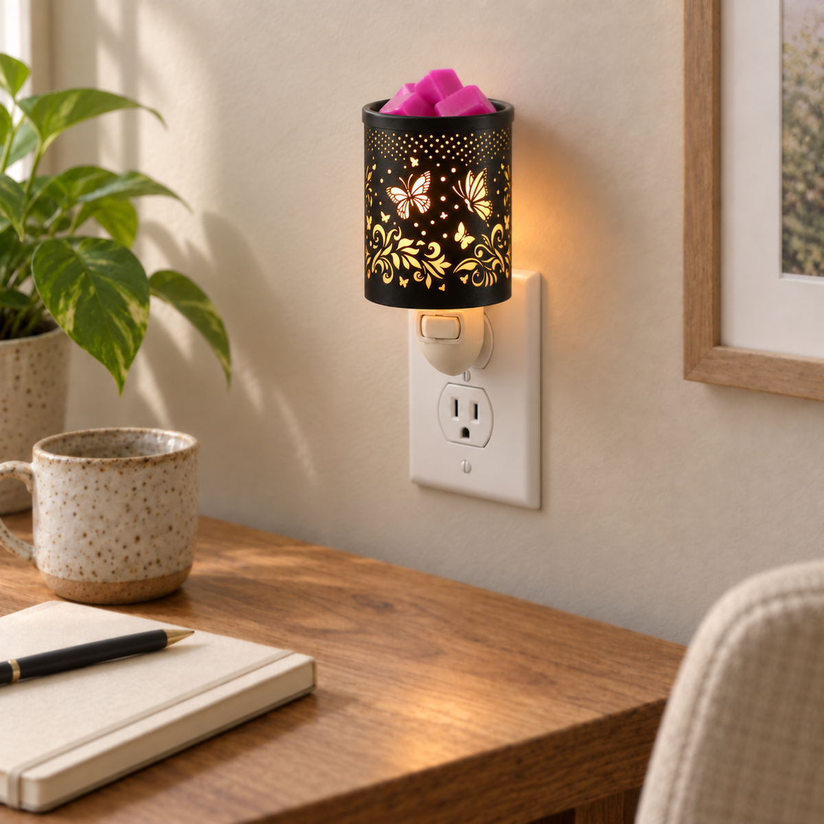 Butterfly-patterned plug-in wax warmer glowing beside a book and wooden bedside table.