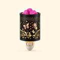 Butterfly Vine Pluggable Wax Warmer with black metal shade and pink wax melts, front view.