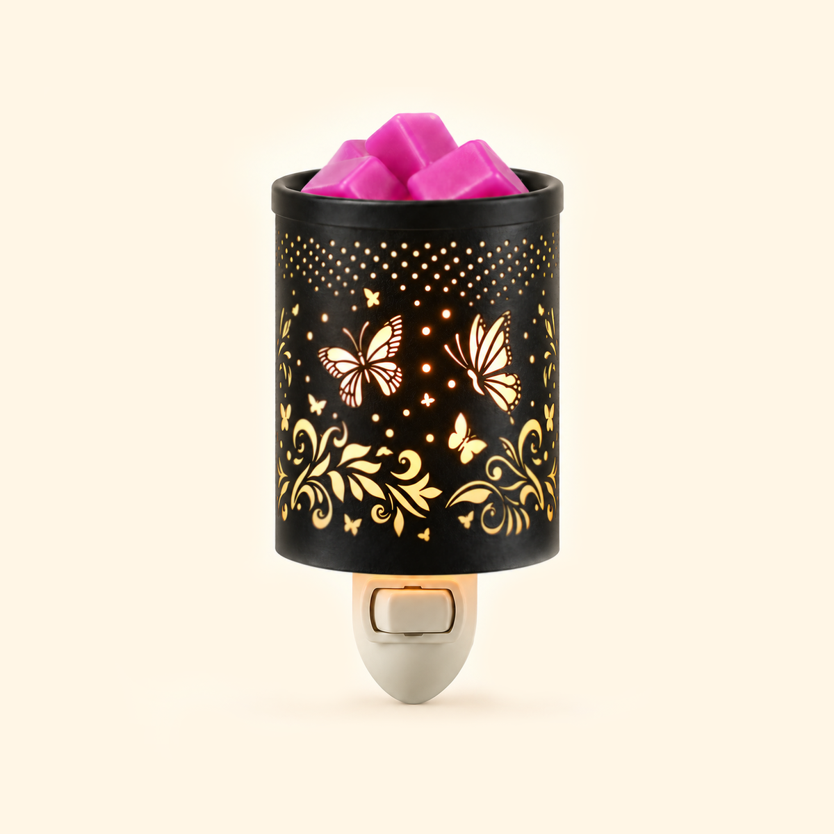 Butterfly Vine Pluggable Wax Warmer with black metal shade and pink wax melts, front view.