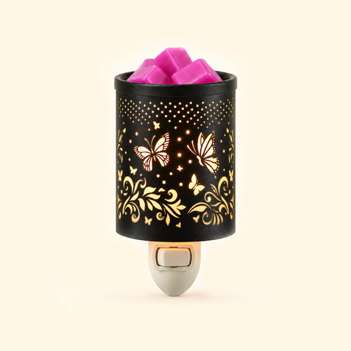 Butterfly Vine Pluggable Wax Warmer with black metal shade and pink wax melts, front view.