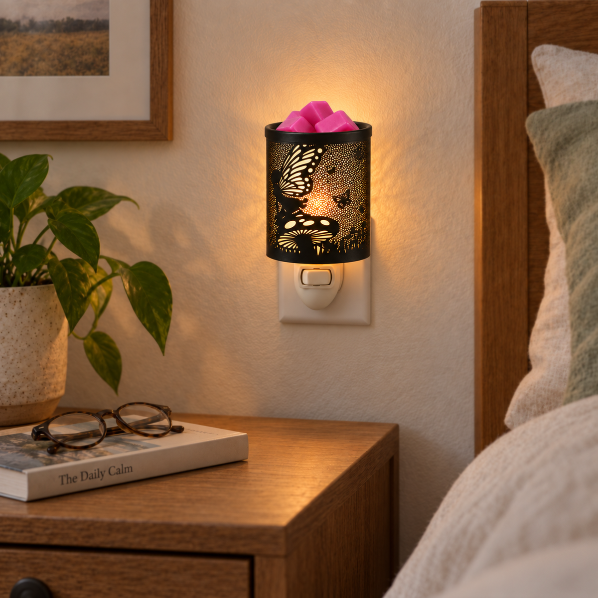 Enchanted Fairy Garden plug-in wax warmer glowing warmly from a wall outlet beside a wooden table.