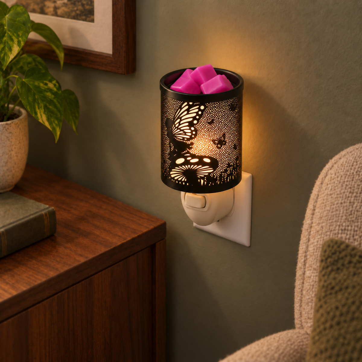 Enchanted Fairy Garden plug-in wax warmer glowing warmly from a wall outlet beside a wooden table.