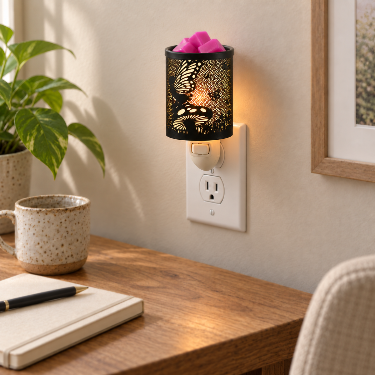 Enchanted Fairy patterned plug-in wax warmer glowing beside a book and wooden bedside table.