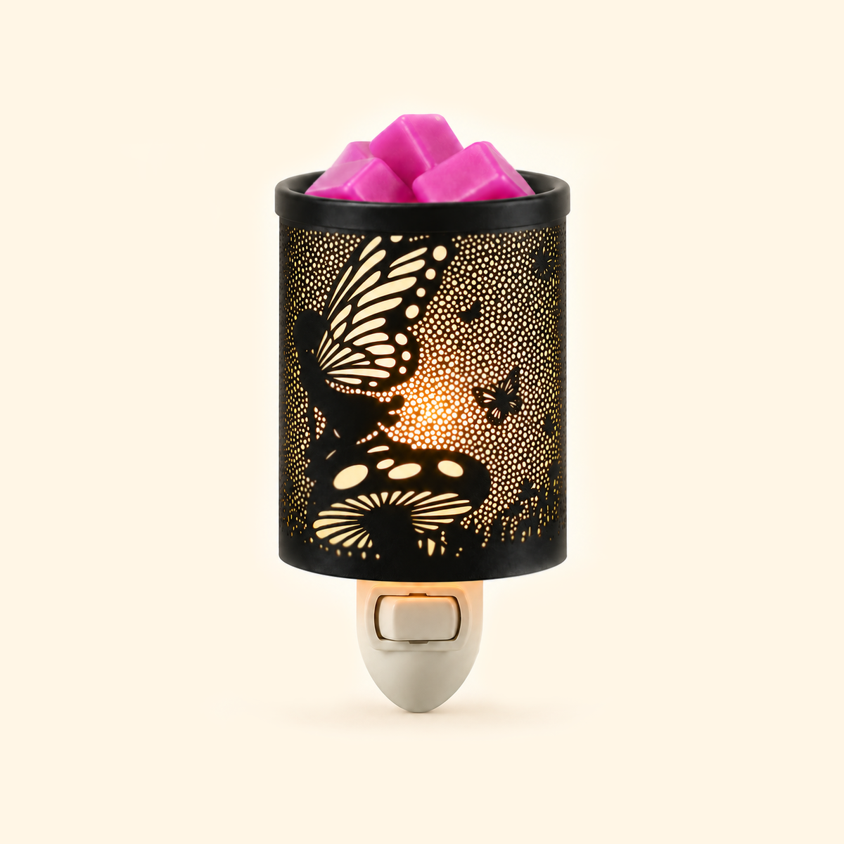 Enchanted Fairy Garden Pluggable Wax Warmer with black metal shade and pink wax melts, front view.