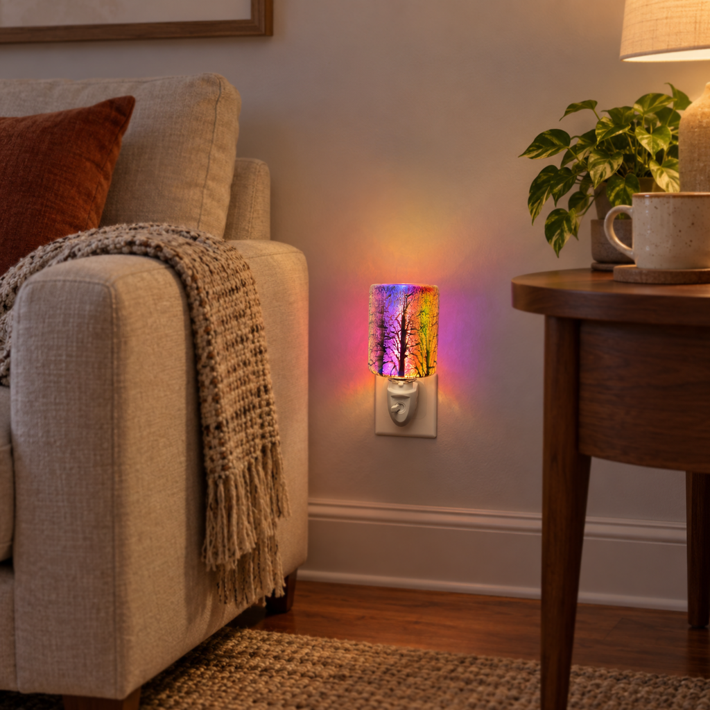 Galaxy Firework Pluggable Wax Warmer glowing beside a wooden side table in a warm neutral living room