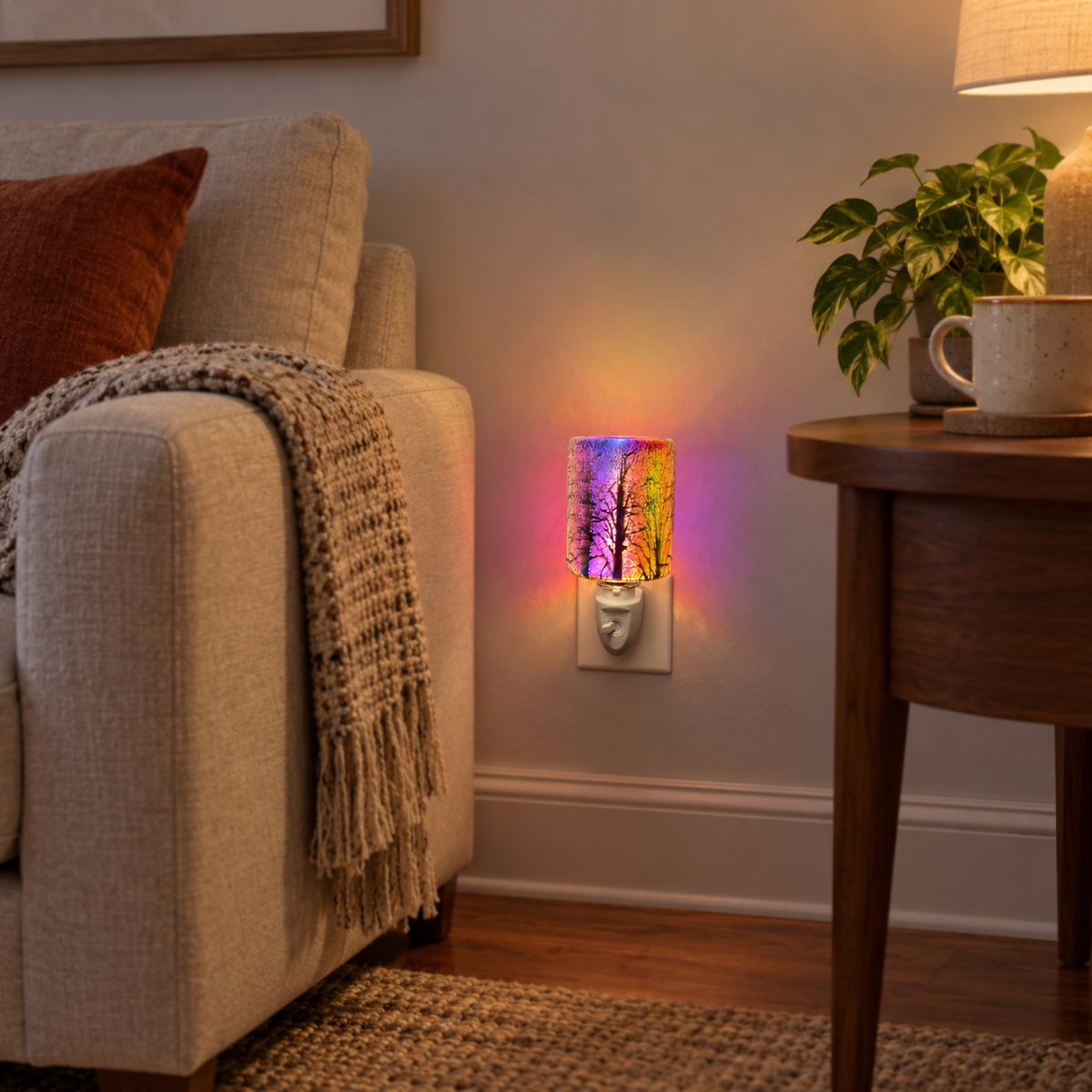Galaxy Firework Pluggable Wax Warmer glowing beside a wooden side table in a warm neutral living room