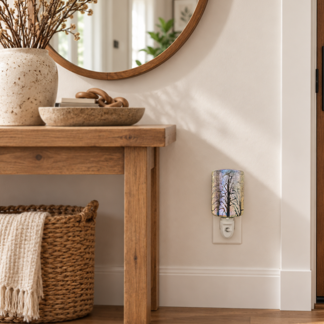 Galaxy Firework Pluggable Wax Warmer displayed unlit near an entryway console in natural daylight