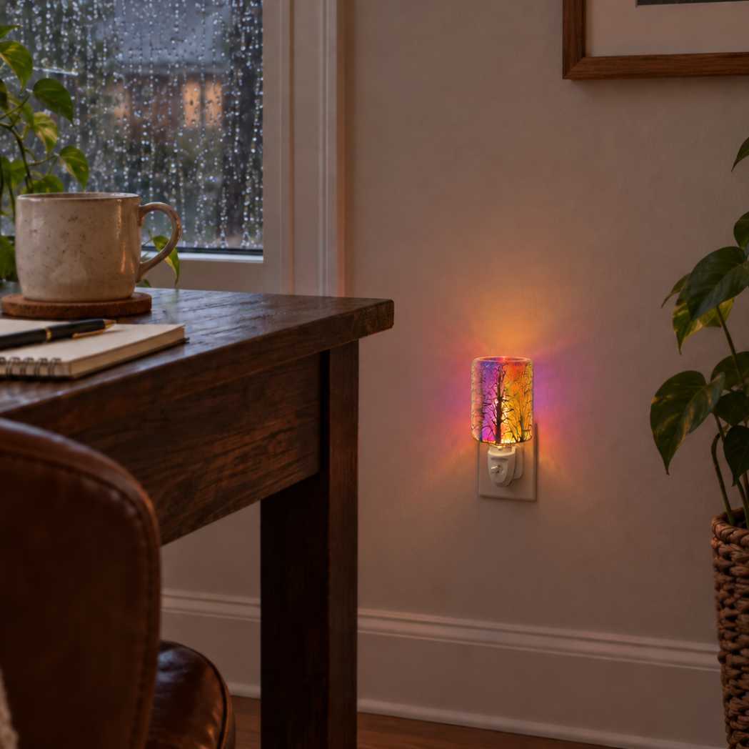 Galaxy Firework Pluggable Wax Warmer glowing beside a home office desk and rain-covered window