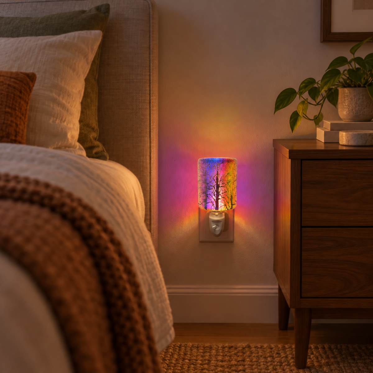 Illuminated Galaxy Firework Pluggable Wax Warmer beside a bedroom nightstand in a cozy evening setting