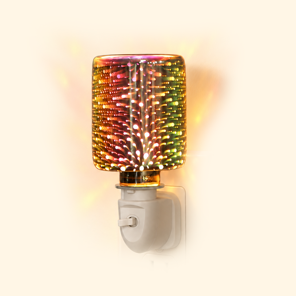 Angled view of the illuminated firework glass pluggable wax warmer with colorful layered light