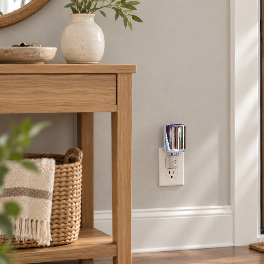 Iridescent firework glass pluggable wax warmer displayed unlit beside an entryway console in natural daylight