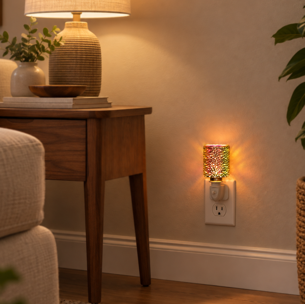 Firework glass pluggable wax warmer glowing beside a walnut side table in a warm neutral living room