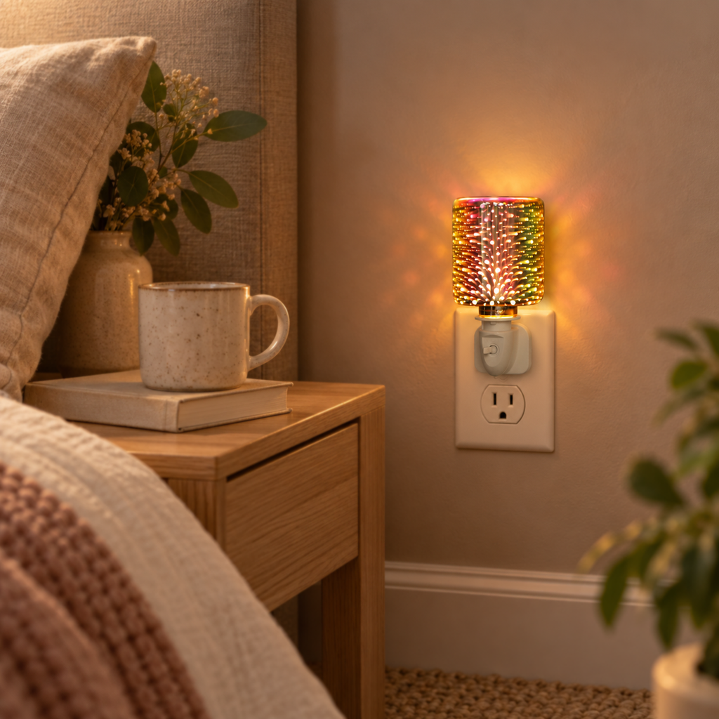 Illuminated firework glass pluggable wax warmer beside an oak nightstand in a cozy neutral bedroom