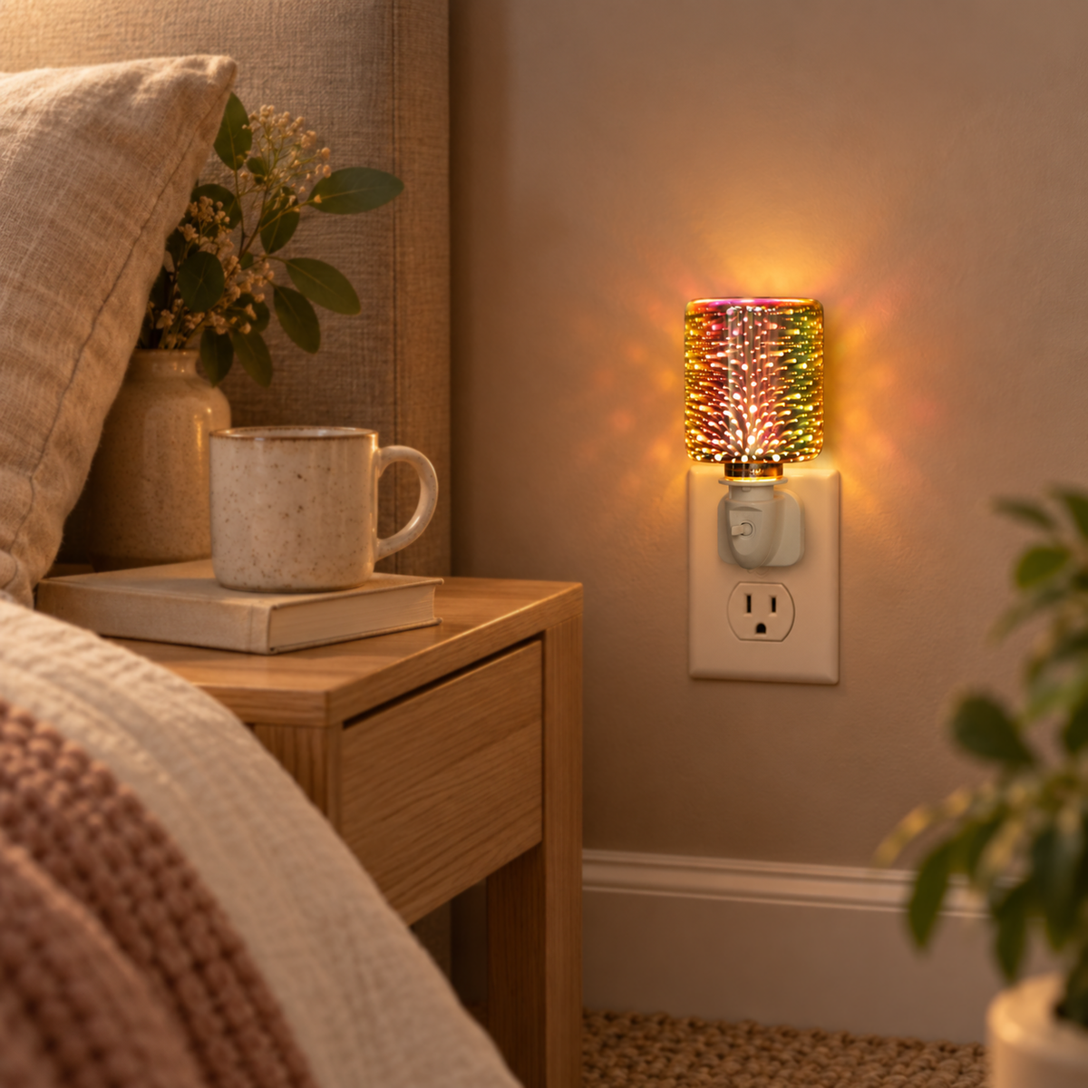 Illuminated firework glass pluggable wax warmer beside an oak nightstand in a cozy neutral bedroom
