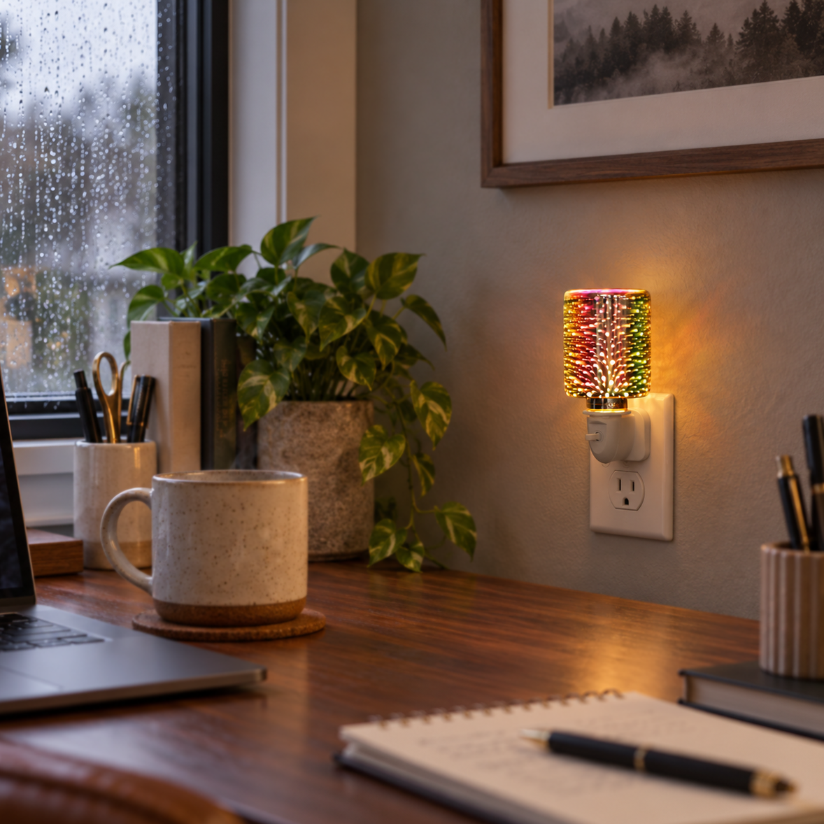 Firework glass pluggable wax warmer glowing beside a home office desk and rain-covered window