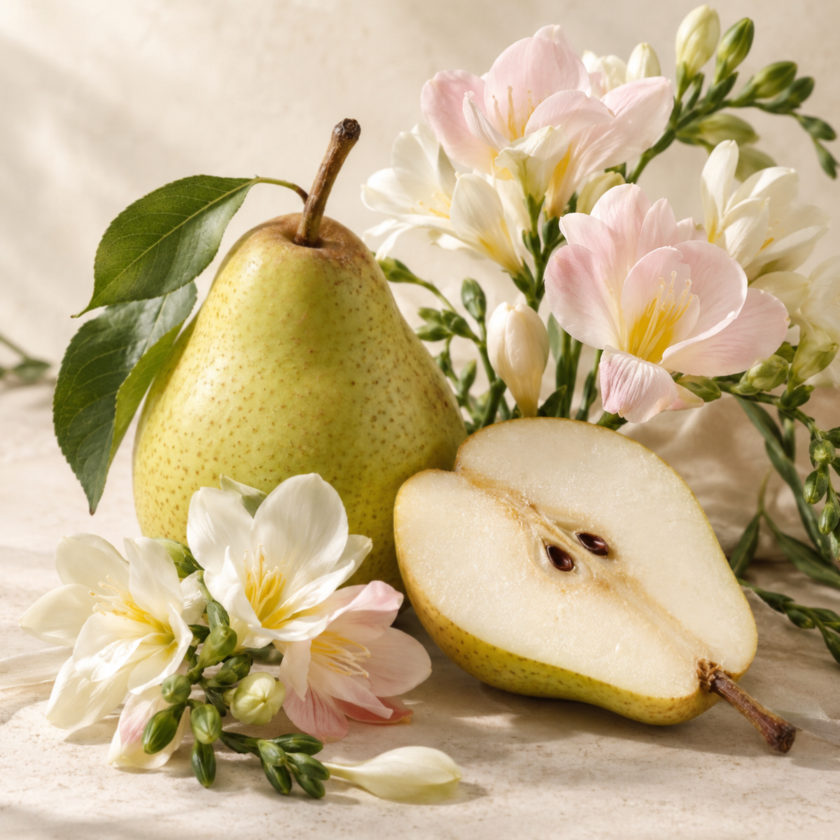 Ripe English pear and pale freesia flowers arranged on a warm ivory surface