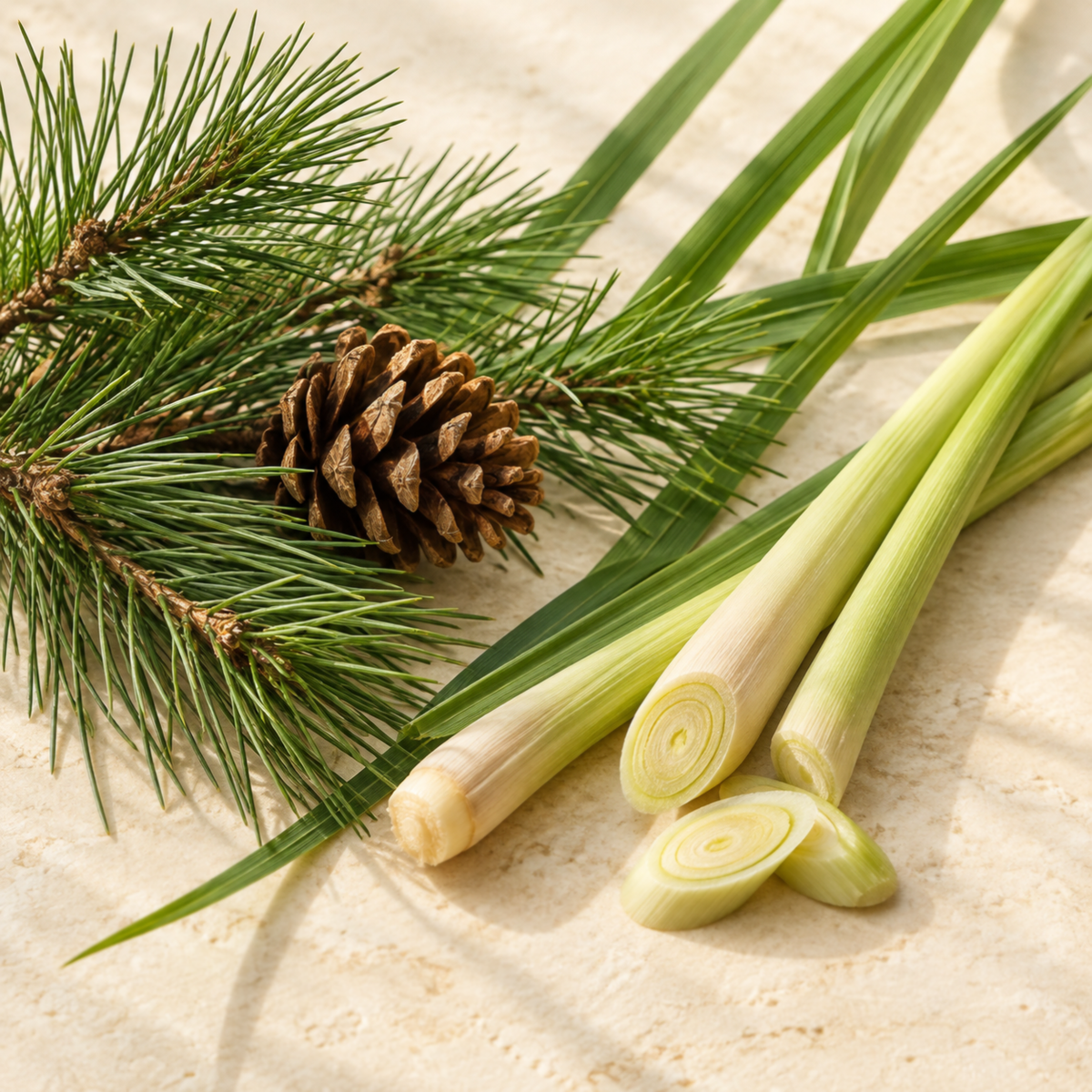 Fresh pine branches and a pine cone beside cut lemongrass stalks on an ivory background