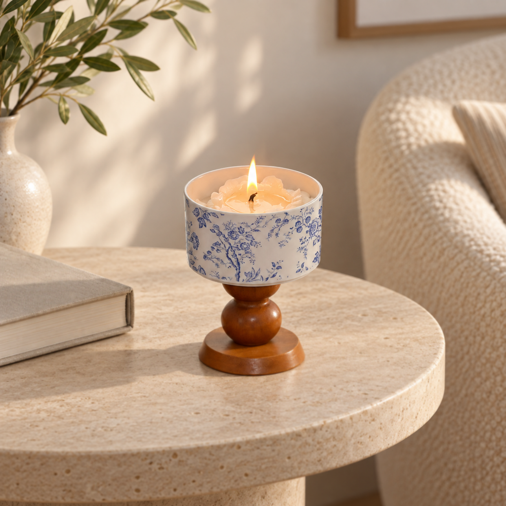 Lit blue-and-white porcelain scented candle on a beige limestone table in a quiet reading corner