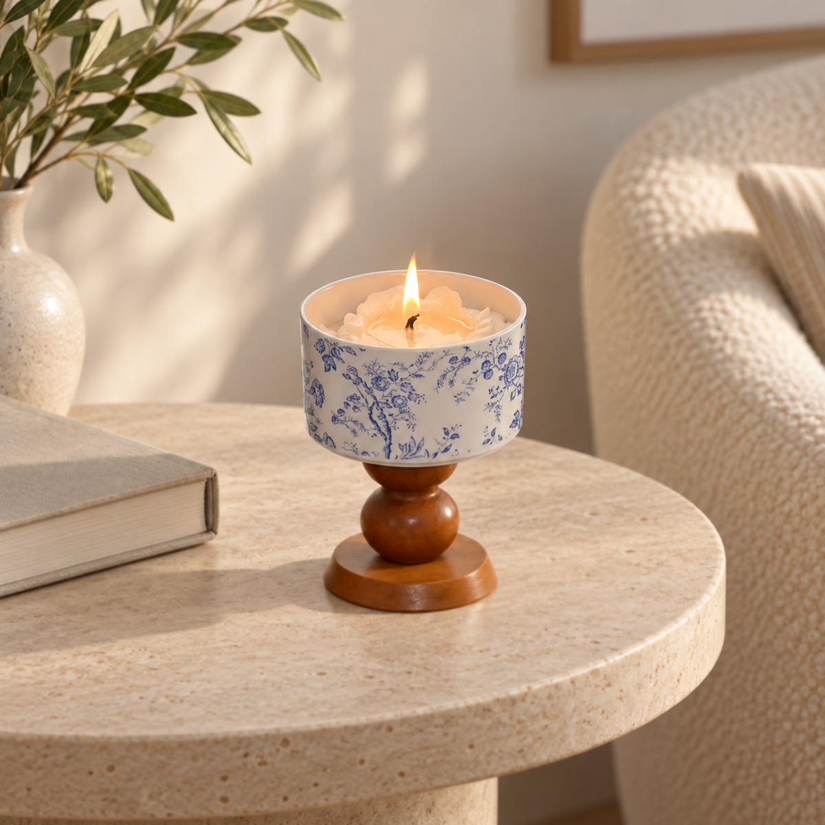 Lit blue-and-white porcelain scented candle on a beige limestone table in a quiet reading corner