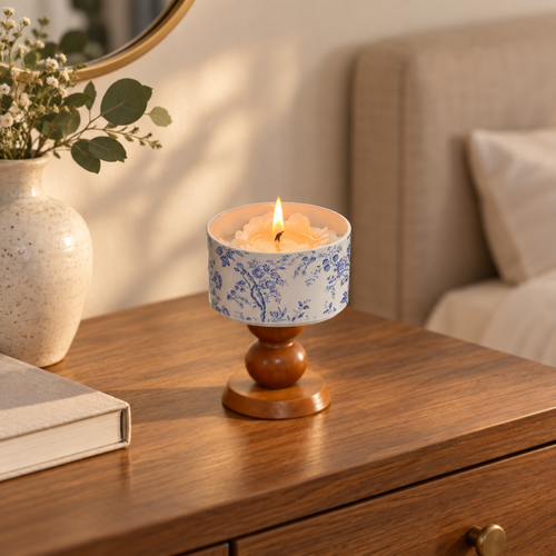 Lit blue-and-white porcelain scented candle displayed on a walnut bedroom dresser