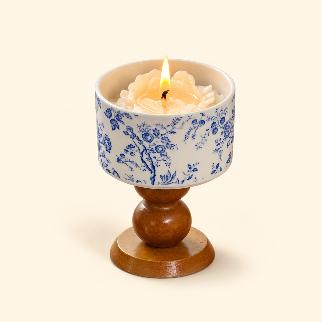 Blue-and-white porcelain scented candle with sculpted camellia wax on a warm brown wooden pedestal