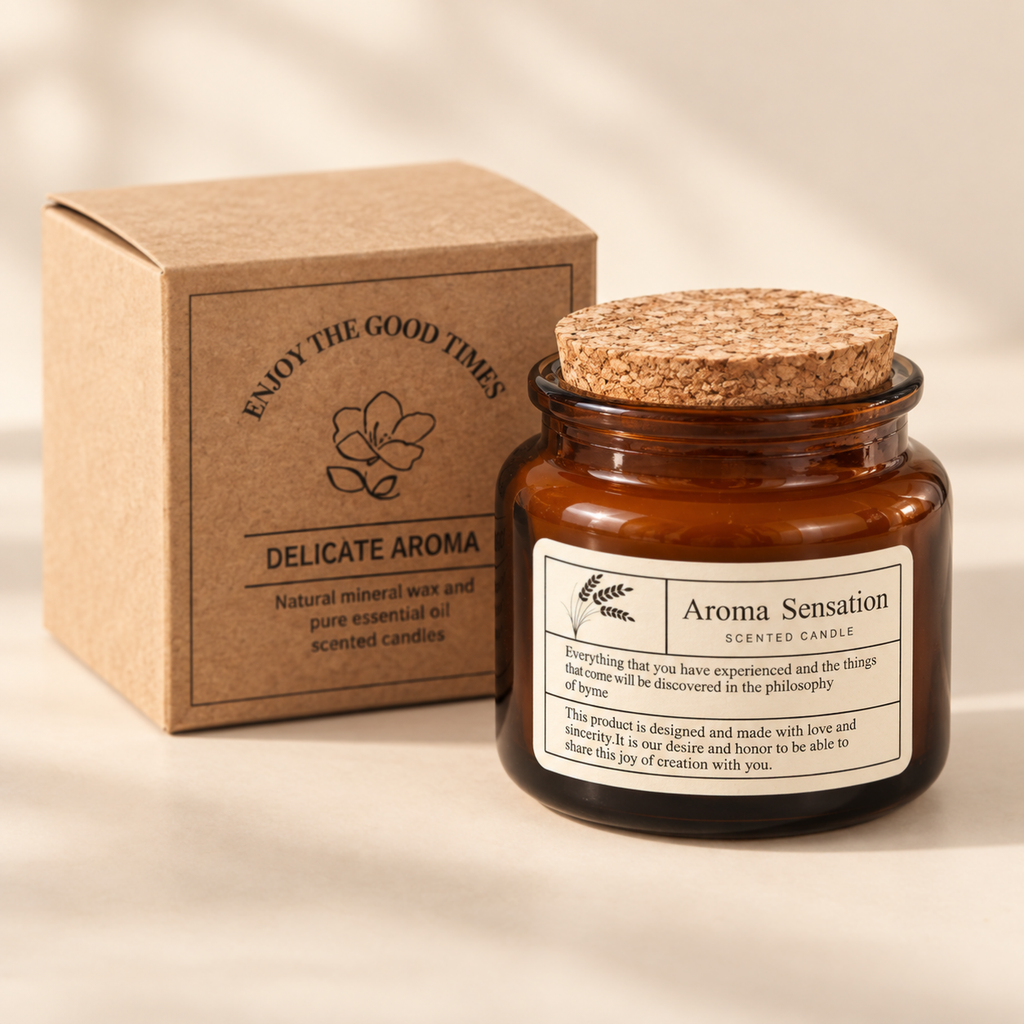 Amber cork jar scented candle beside a kraft paper box on a warm ivory studio background.