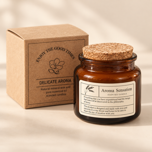 Amber cork jar scented candle beside a kraft paper box on a warm ivory studio background.