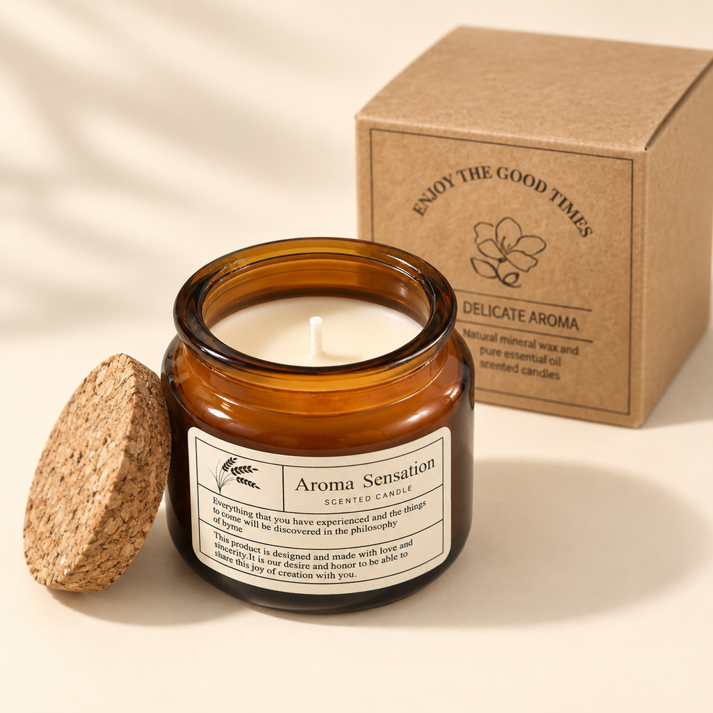 Open amber glass scented candle with ivory wax, cork lid and kraft paper box on a warm ivory background