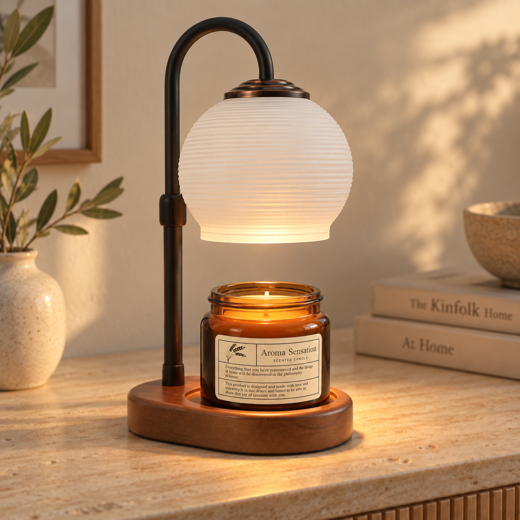 Amber glass scented candle warming beneath a white ribbed Textured Sphere Candle Warmer Lamp on a travertine console