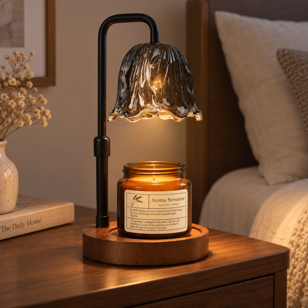 Amber glass scented candle beneath a glowing Smoked Bloom Candle Warmer Lamp on a walnut bedside table
