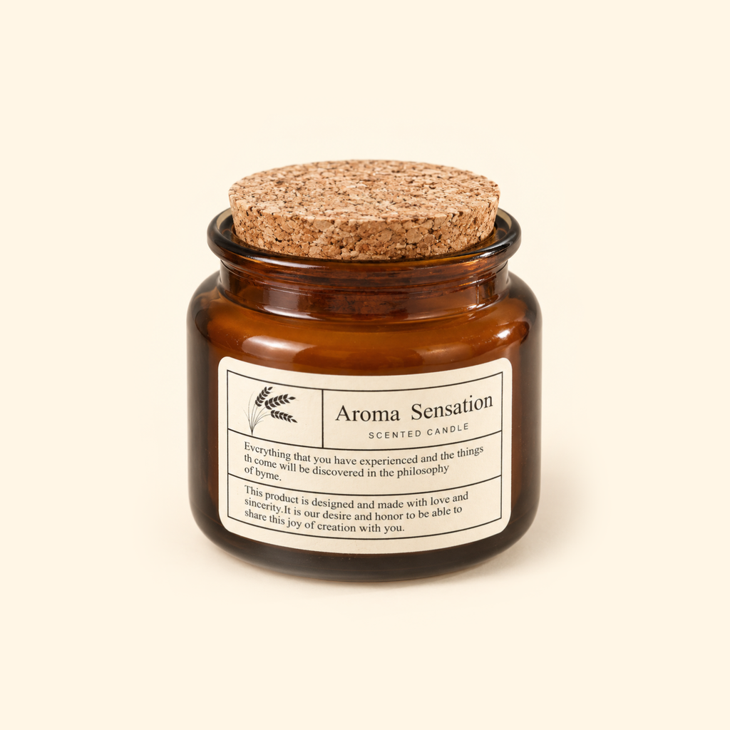 Amber glass scented candle with a natural cork lid on a warm ivory background