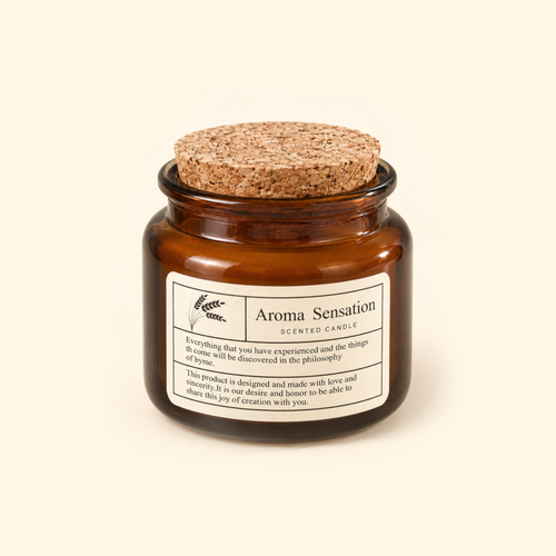 Amber glass scented candle with a natural cork lid on a warm ivory background