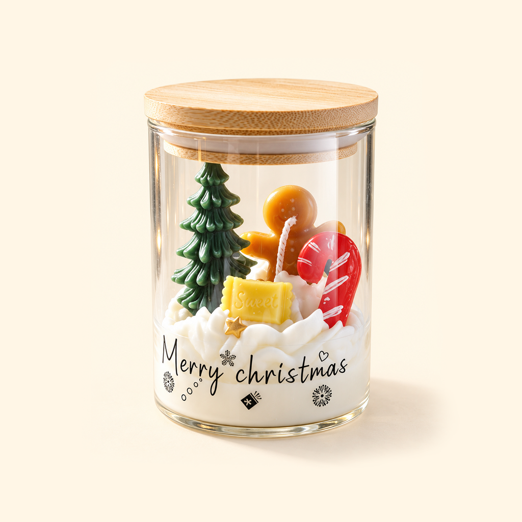 Christmas Night scented candle with a bamboo lid and gingerbread, candy cane and Christmas tree wax decorations.