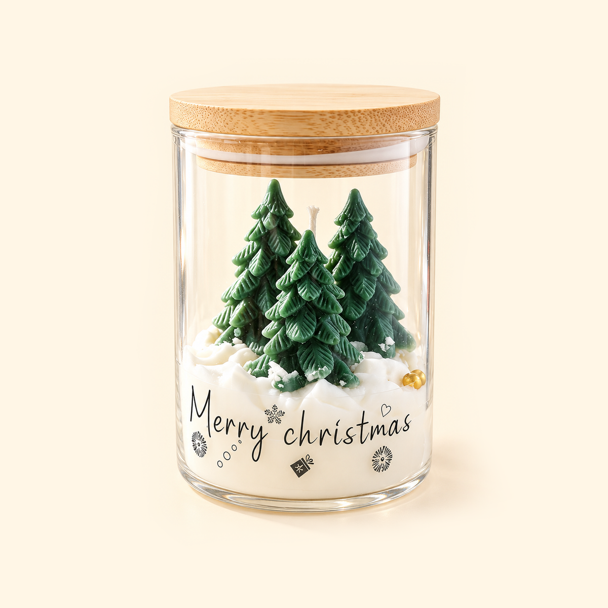 Christmas Tree Trio scented candle with three green wax trees, a snowy white base and a bamboo lid.