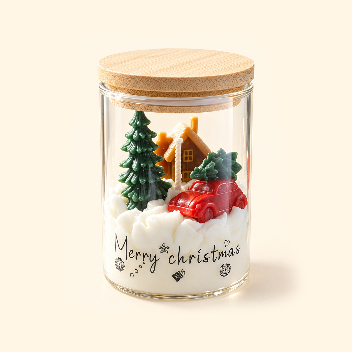 Christmas Village scented candle with a bamboo lid, featuring a wax cottage, red car and green Christmas tree.