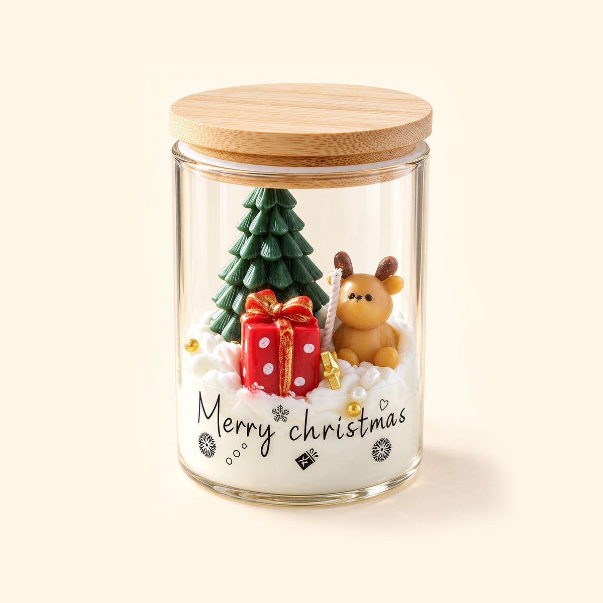 Christmas Teddy Bear scented candle with a bamboo lid, tan bear, red gift box and green wax tree.