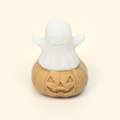 Ghost Pumpkin Silicone Wax Melt Mold shown with a sample finished wax piece featuring a ghost rising from a smiling jack-o’-lantern.