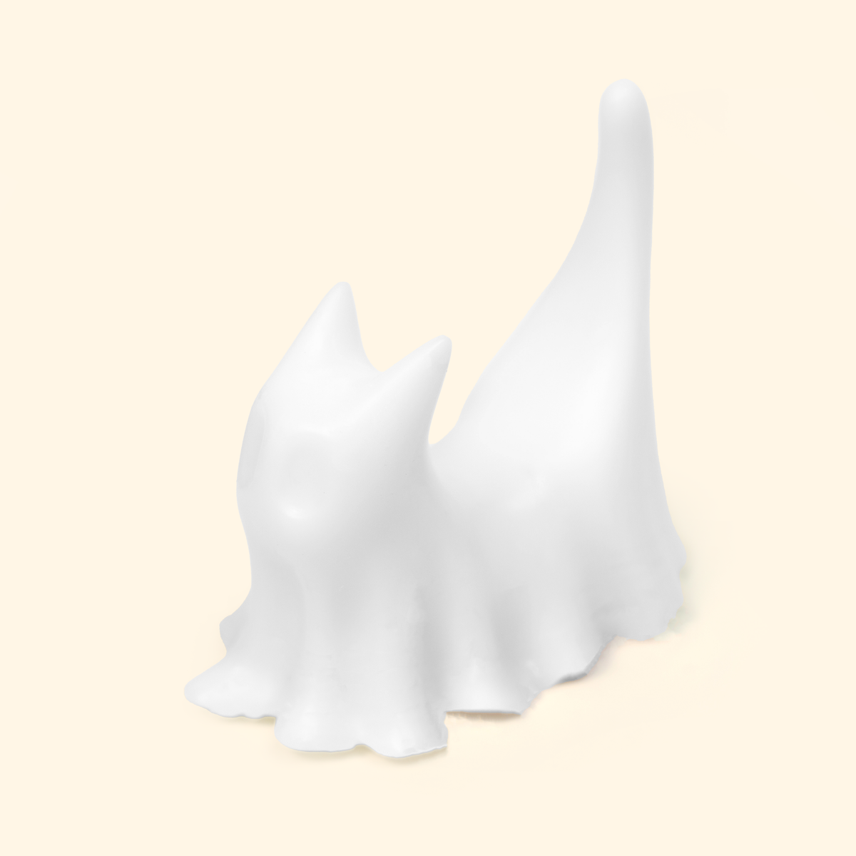 Halloween Ghost Cat Silicone Wax Melt Mold shown with a sample finished ghost cat wax piece featuring pointed ears and a curved tail.
