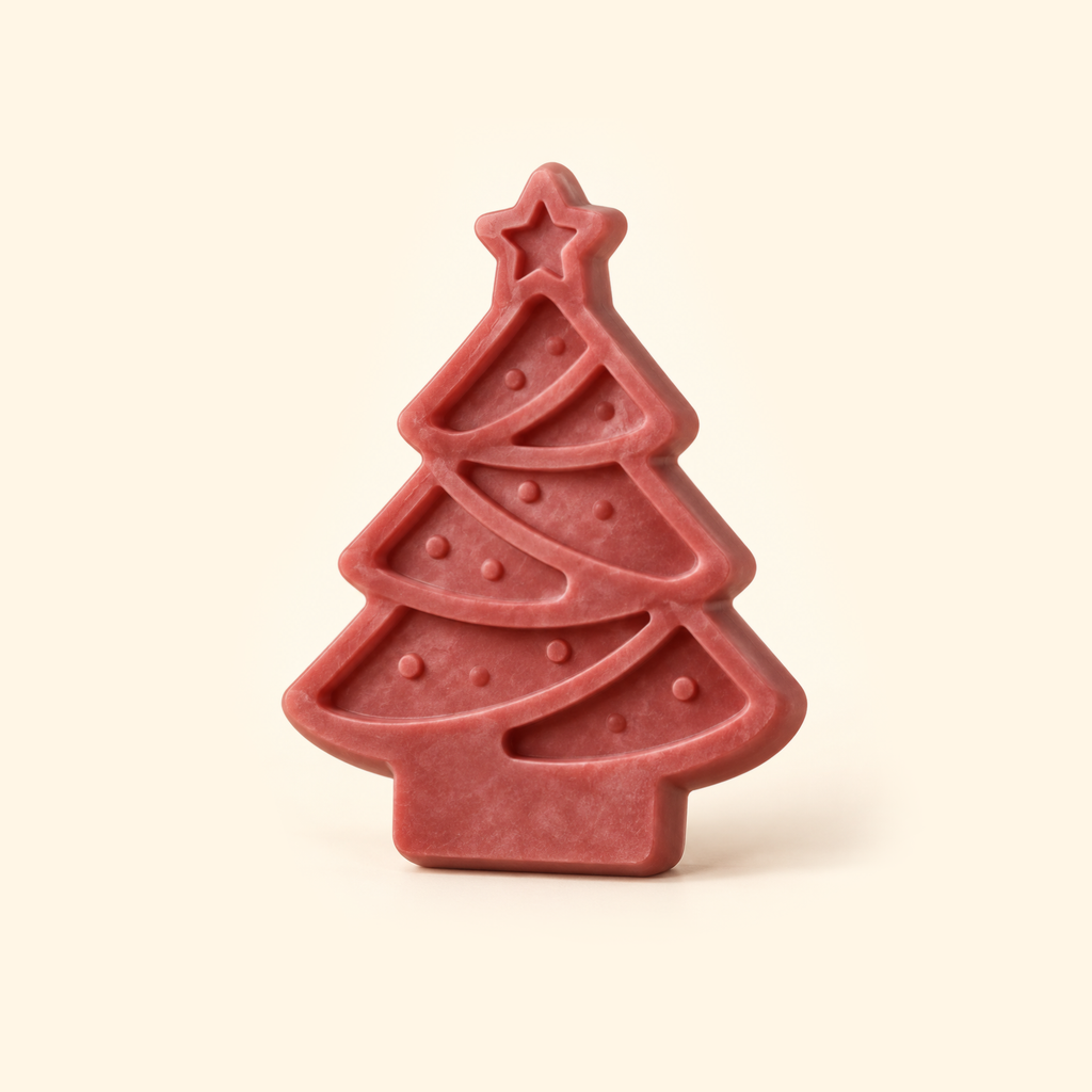 Muted red Christmas tree casting with a star topper, curved garland bands and round decorative details on a cream background.