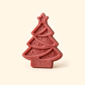 Muted red Christmas tree casting with a star topper, curved garland bands and round decorative details on a cream background.