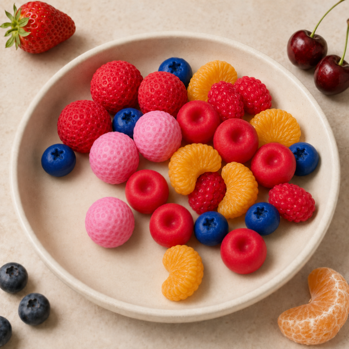 Assorted fruit-shaped wax melts on a ceramic plate with fresh strawberries, blueberries, cherries and a mandarin segment.