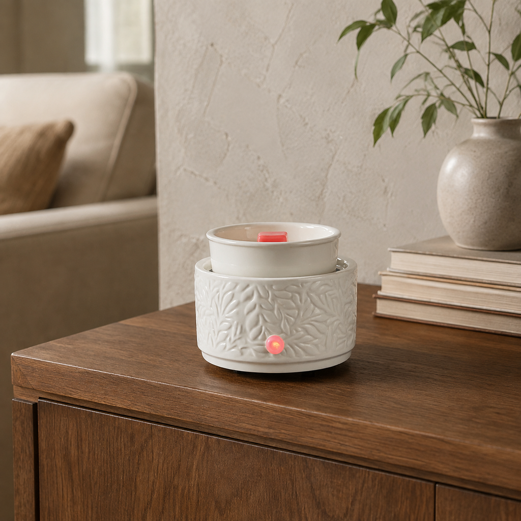 Ivory ceramic wax warmer displayed on a wooden sideboard with books, a vase and neutral home decor.