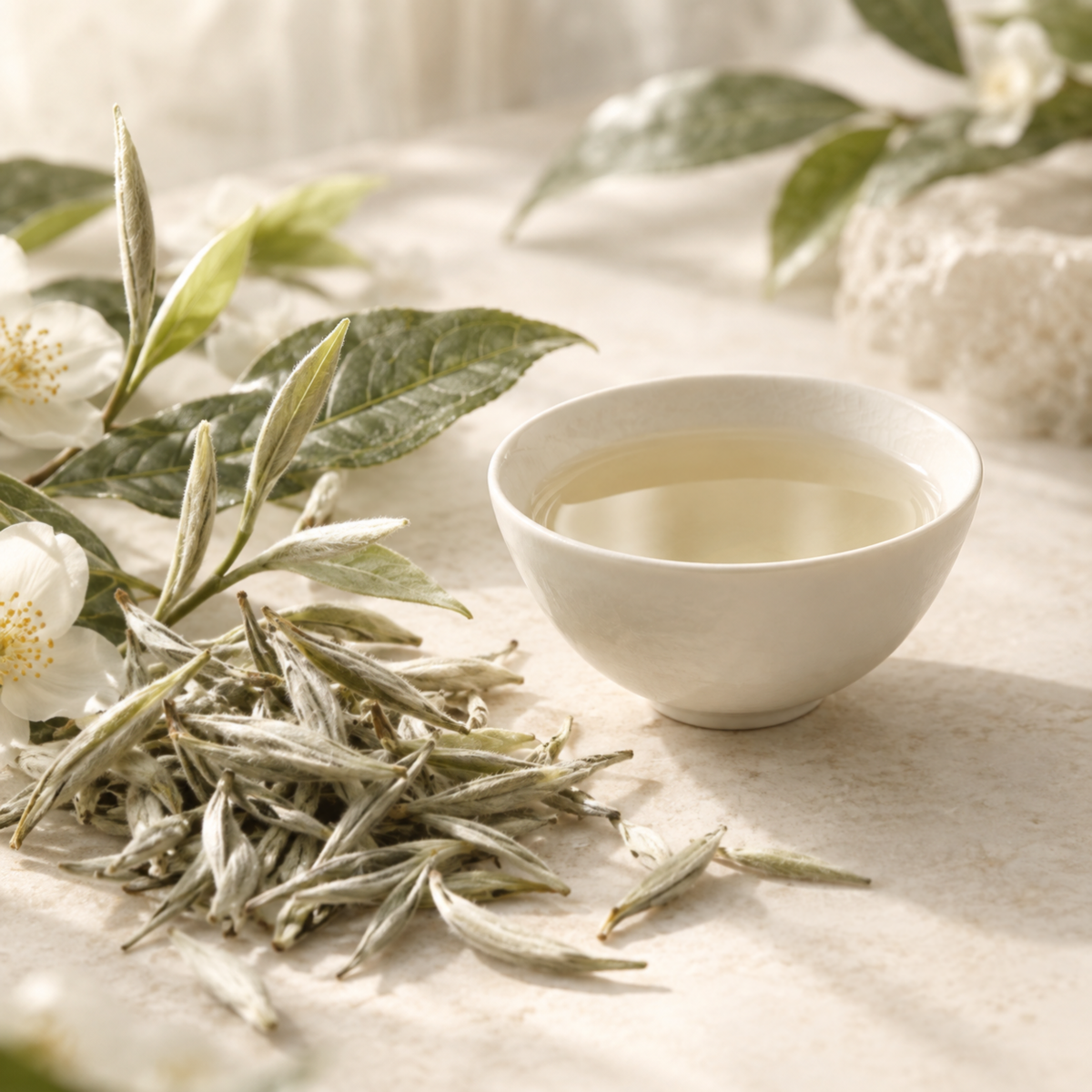 Silvery white tea buds beside a porcelain cup of pale white tea