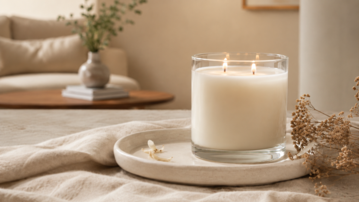 Scented Candles collection featuring a lit two-wick candle in clear glass with dried flowers and soft neutral fabric.