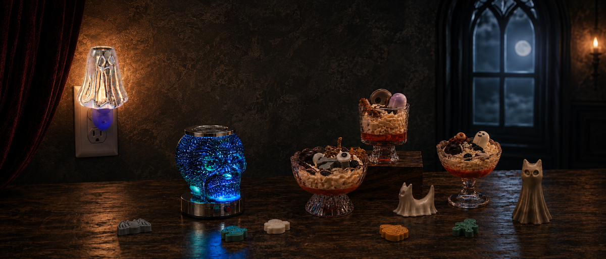 Halloween wax warmers, scented candles and wax melts arranged in a dark autumn setting.