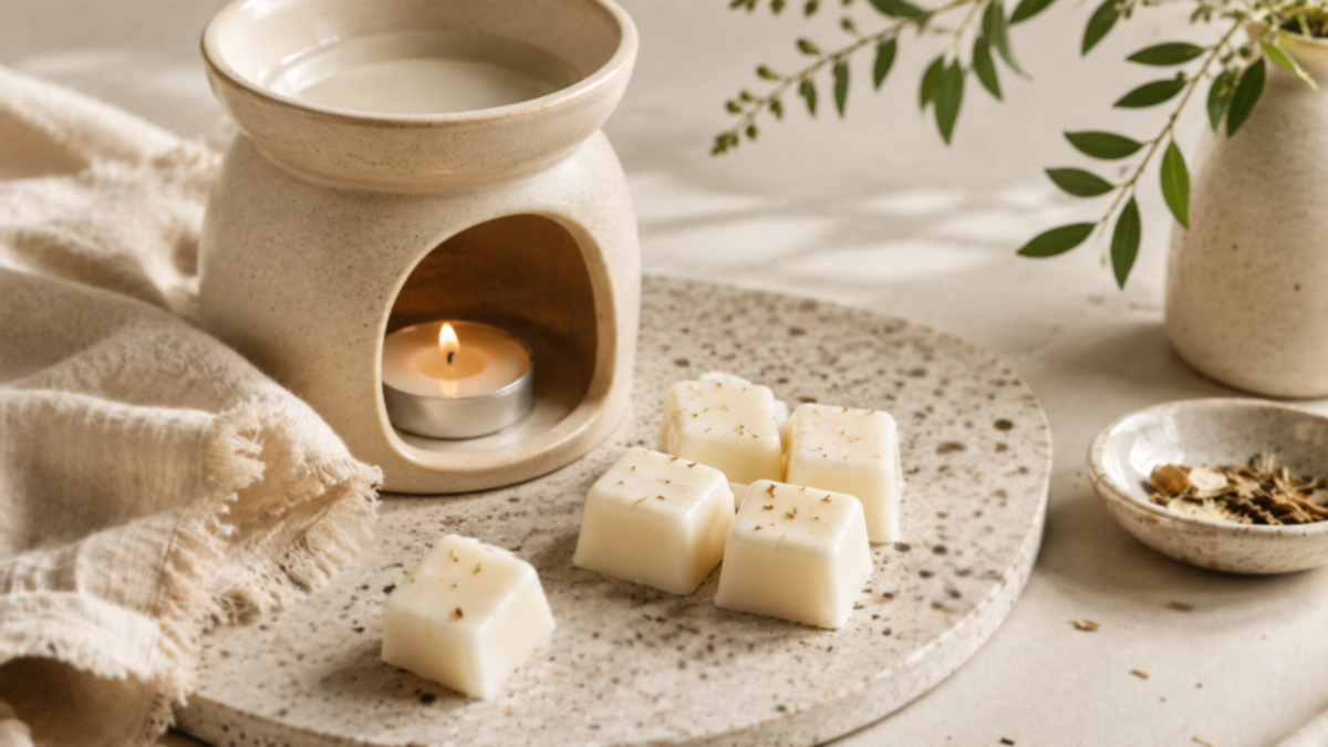Scented Wax Melts collection featuring white wax melt cubes beside a ceramic wax warmer in a warm neutral home setting.