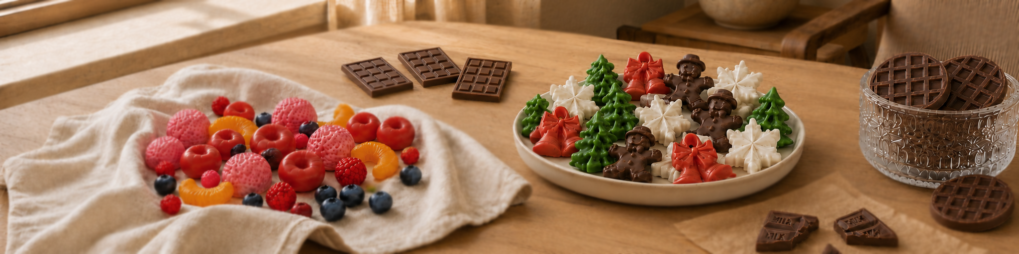 Scented Wax Melts collection featuring Mixed Fruit, Classic Chocolate Bar, Merry Moments Christmas, Chocolate Waffle and Milk Chocolate Bar wax melts arranged on a warm wooden table.